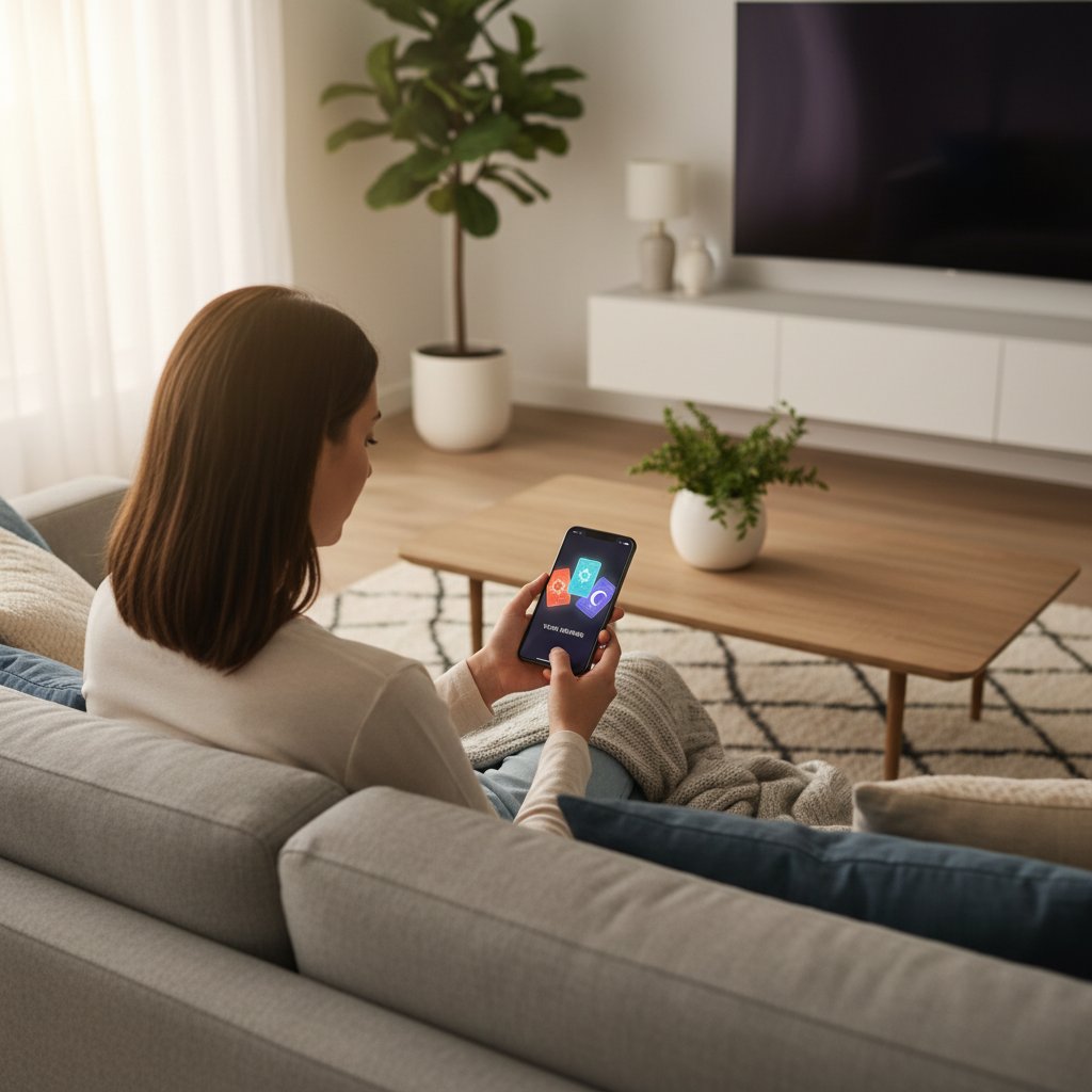 Symbolfoto: Frau mit Smartphone sitzt im modernen Wohnzimmer, digitale Tarot-App auf dem Bildschirm, sanftes Licht, entspannte Haltung – Digitalisierung der Wahrsagerei