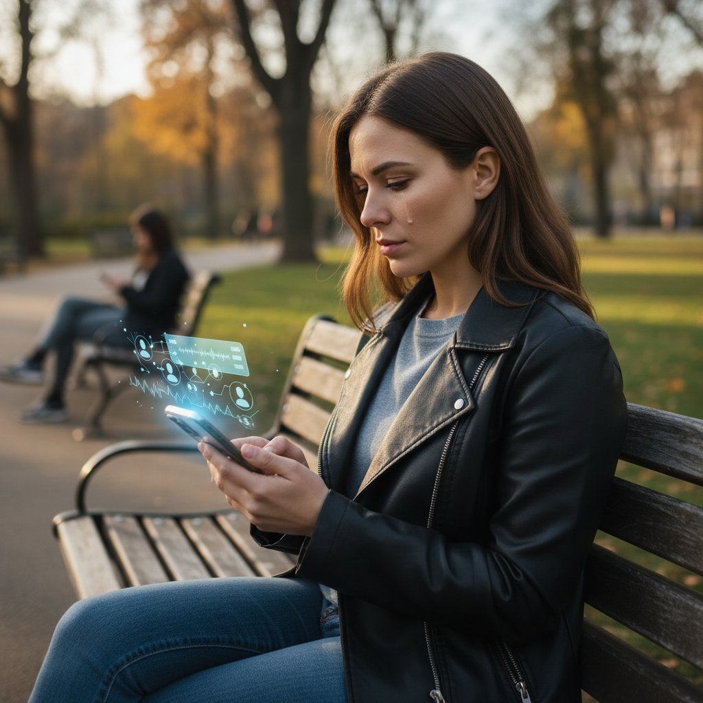 Frau mit Smartphone nachdenklich auf einer Bank im Park, Sehnsucht nach digitaler Nähe