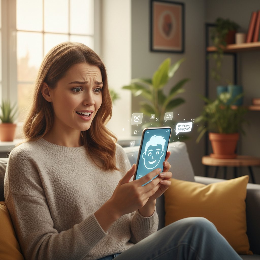 Technologie wsparcia: młoda kobieta z telefonem, ekran rozświetla twarz, keywords: AI, wsparcie, technologia, emocje