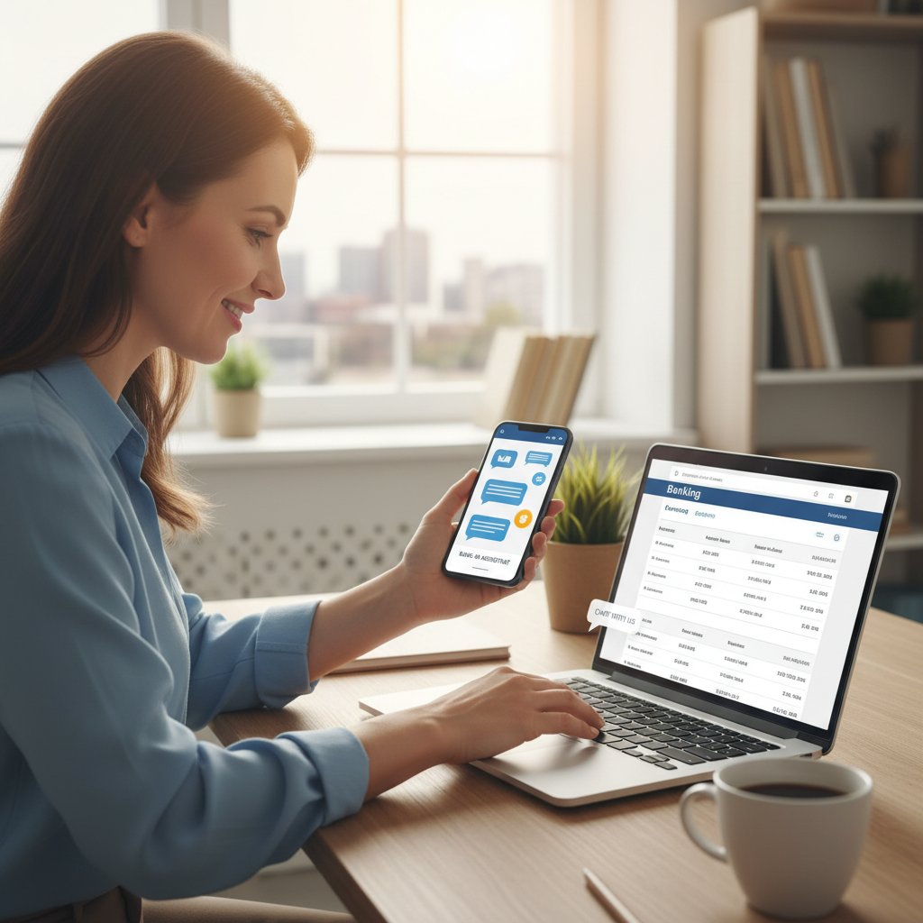 Kobieta korzystająca z czatbota na smartfonie, obok laptop z otwartym panelem bankowości online