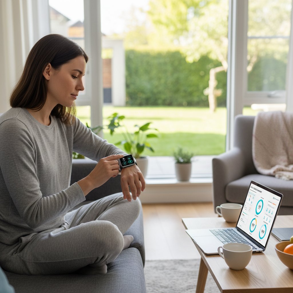 Kobieta korzystająca ze smartwatcha i aplikacji zdrowotnej w domu, analiza parametrów