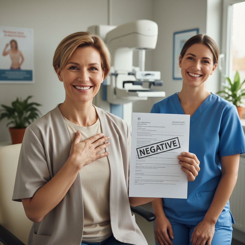 Kobieta uśmiechnięta po mammografii przesiewowej historia sukcesu