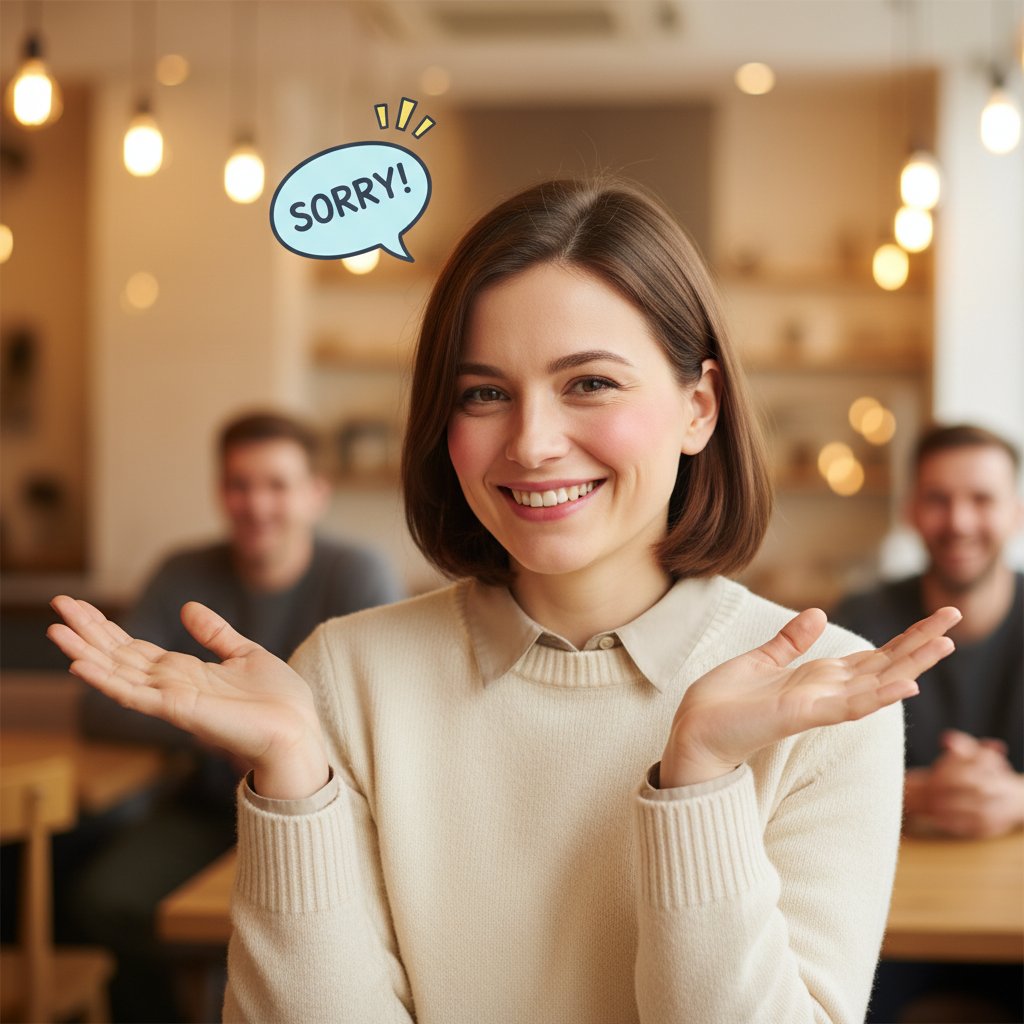 Kobieta przeprasza uśmiechnięta po niezręcznym żarcie, atmosfera szybko się rozluźnia