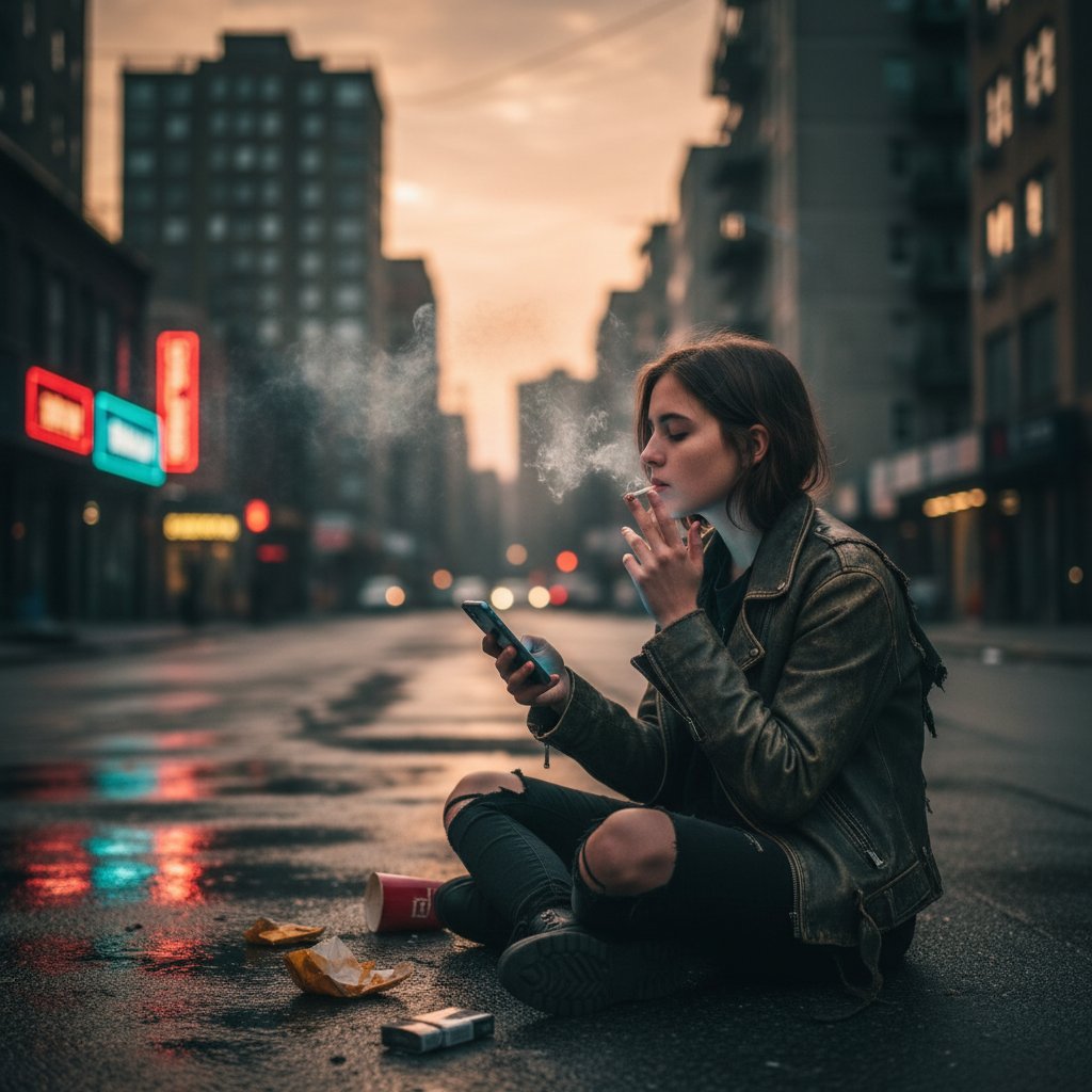 Zdjęcie kobiety z papierosem i telefonem – czynniki środowiskowe wpływające na zdrowie jajowodów