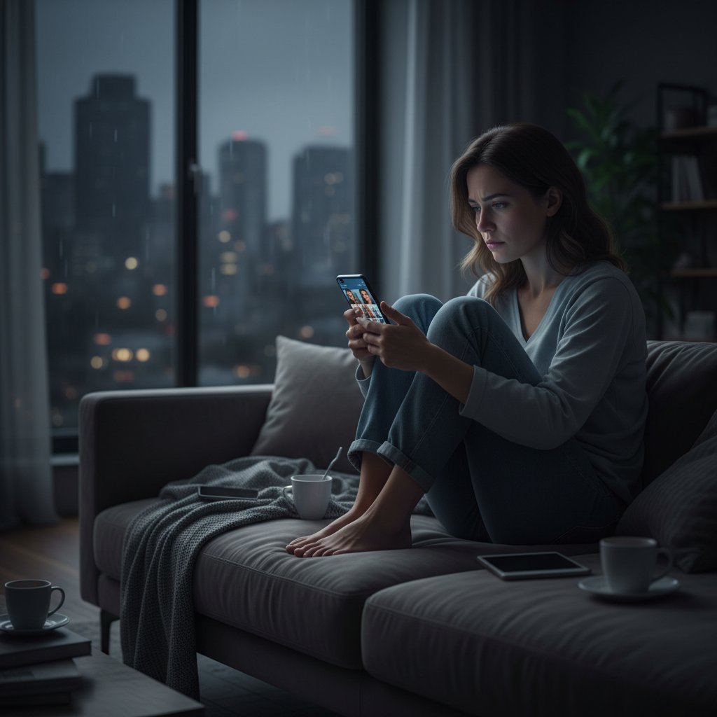 Symbolbild: Frau auf Sofa, Handy in der Hand, Blick ins Leere, entkoppelt von Social Media