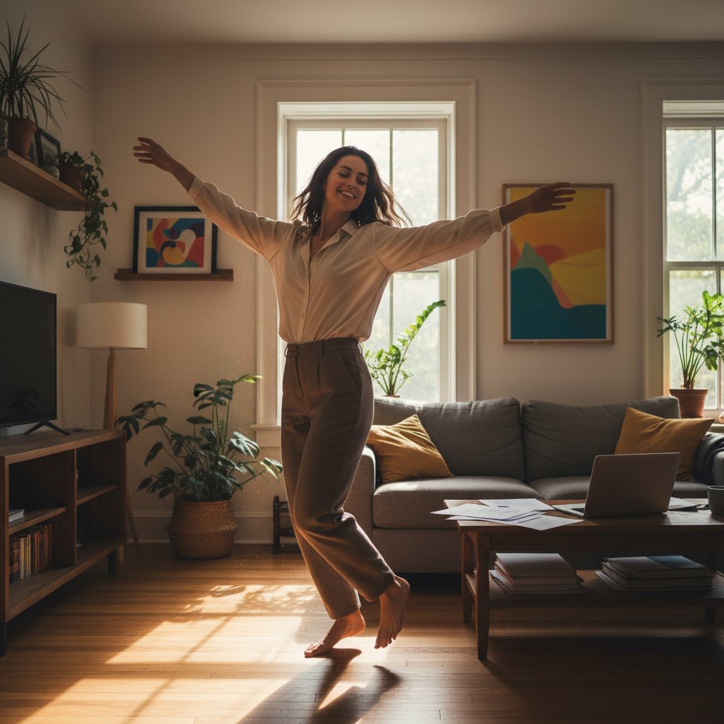Kobieta tańcząca spontanicznie w salonie po pracy, wyraz ulgi i radości na twarzy
