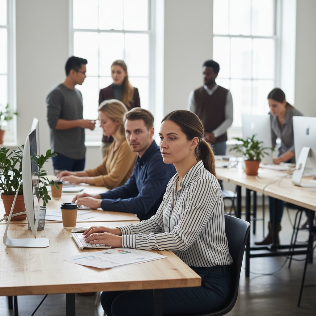 Młoda kobieta z zezem w biurze, otoczona przez współpracowników, którzy patrzą na nią z zaciekawieniem
