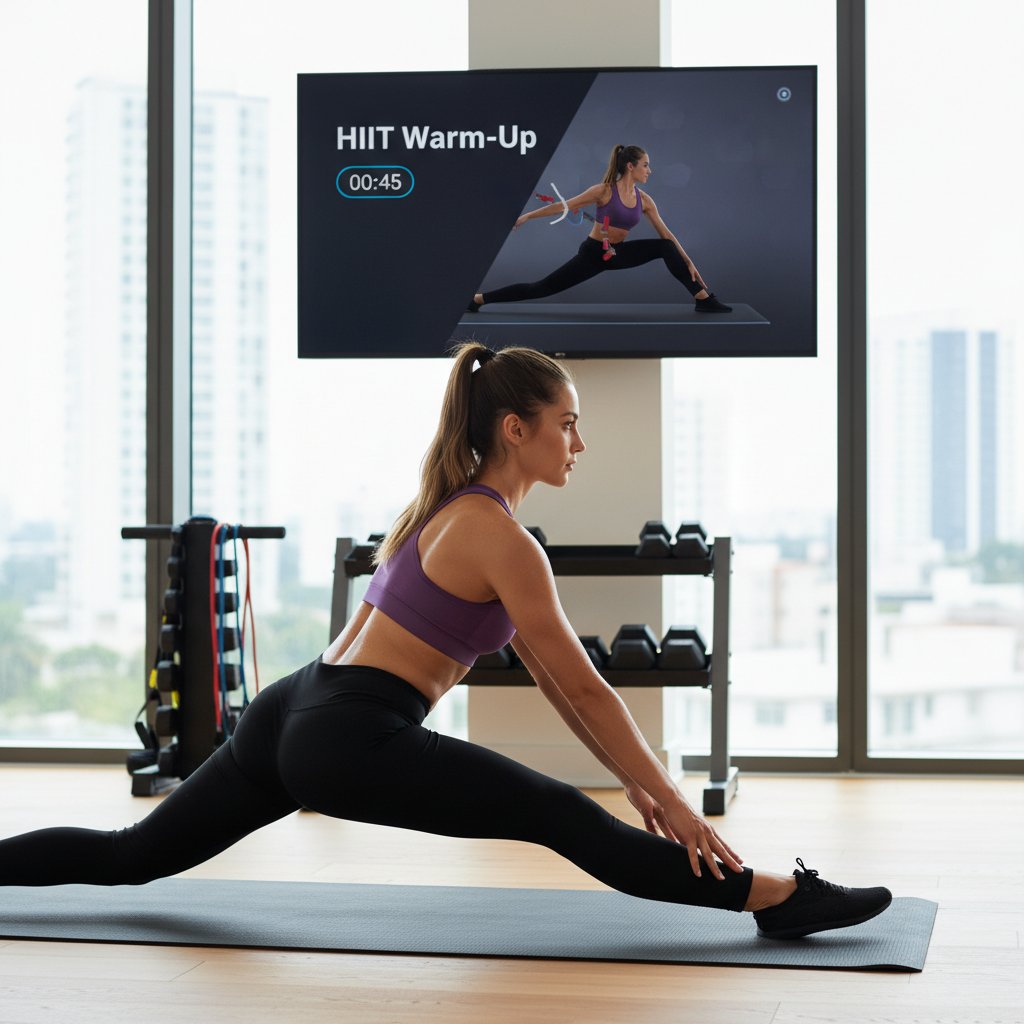 Trening HIIT online – kobieta rozciągająca się przed monitorem, podkreślenie potrzeby rozgrzewki