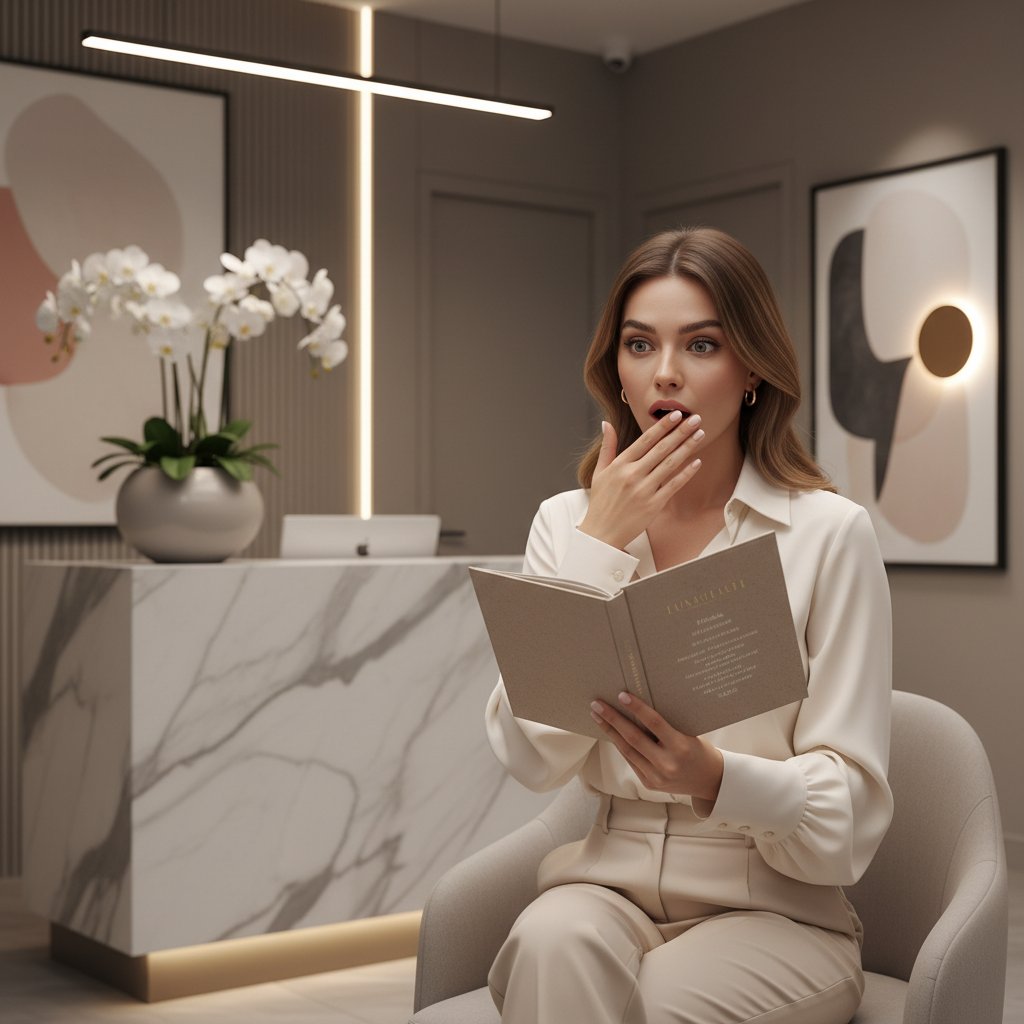 Kobieta przeglądająca cennik zabiegów medycyny estetycznej, zaskoczony wyraz twarzy, wnętrze nowoczesnego salonu