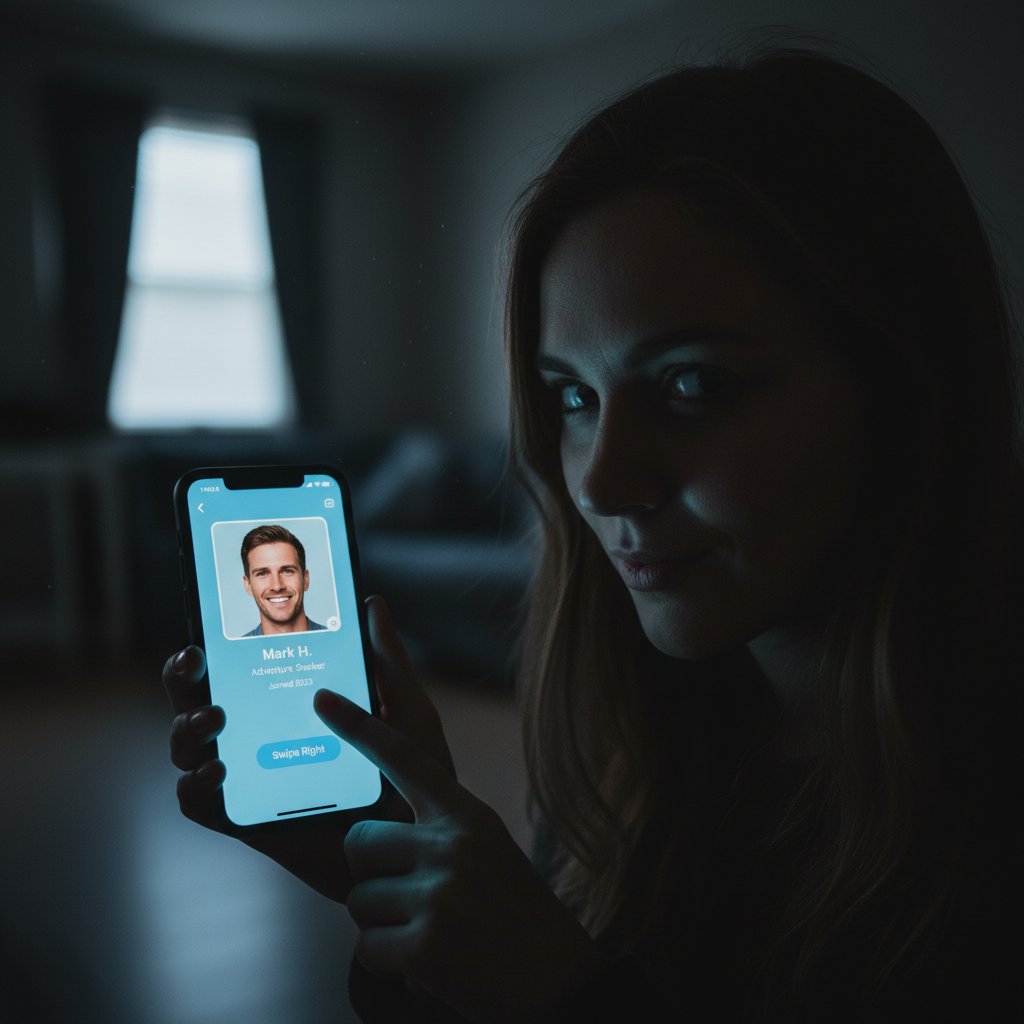 Kobieta patrząca z nieufnością na ekran telefonu z aplikacją randkową, w tle niepokojące cienie profili
