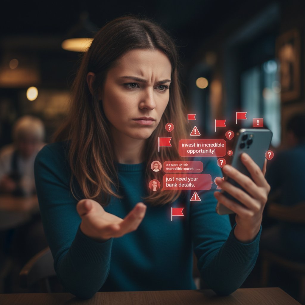 Zdjęcie kobiety patrzącej z nieufnością na ekran telefonu, czerwone flagi w rozmowie online