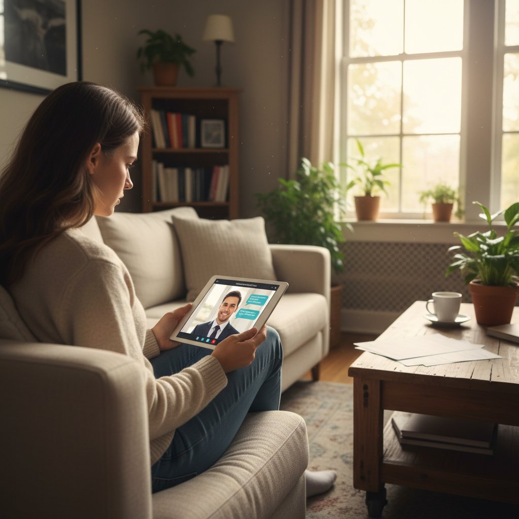 Kobieta korzystająca z tabletu w domowym zaciszu, symbol nowoczesnej pomocy prawnej online
