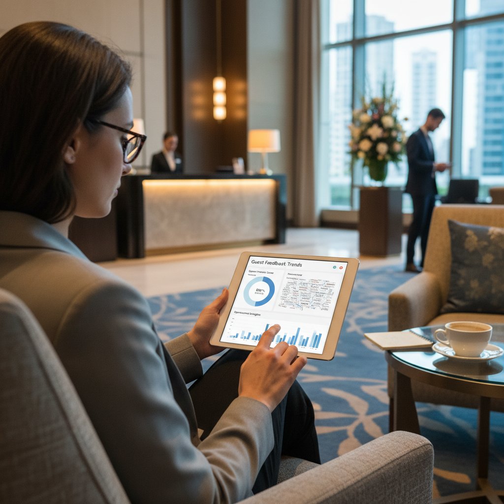 Kobieta analizuje recenzje na tablecie, siedząc w nowoczesnym hotelowym lobby