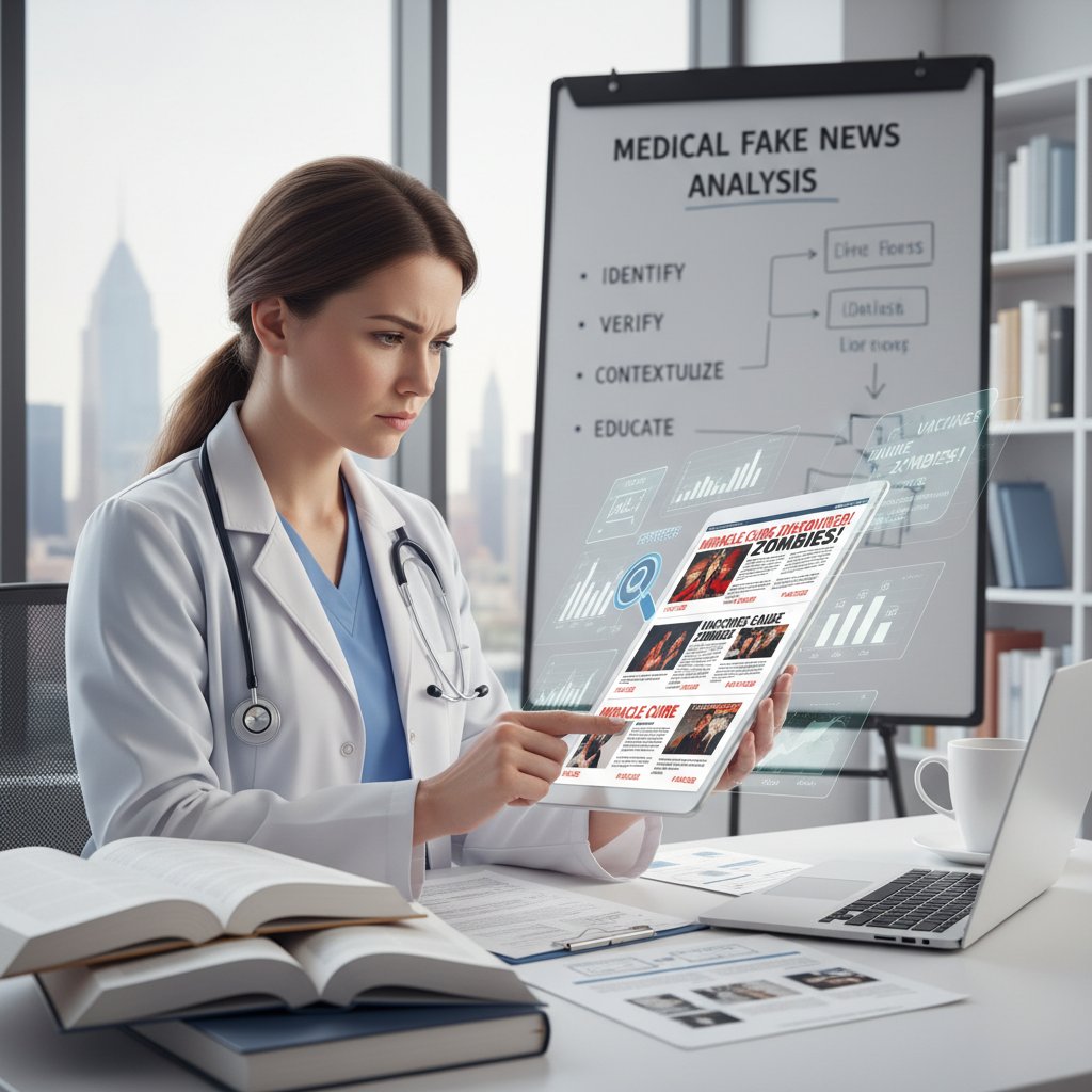 Kobieta analizuje na tablecie przykładowy post zdrowotny z zaznaczonymi czerwonymi flagami dezinformacji