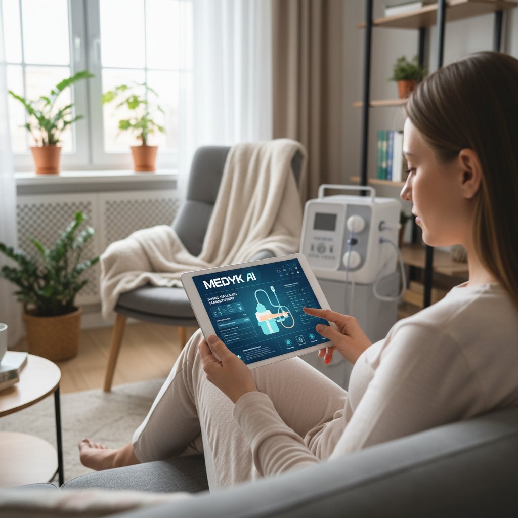 Młoda kobieta korzystająca z aplikacji medyk.ai na tablecie w domu, obok sprzęt do dializy