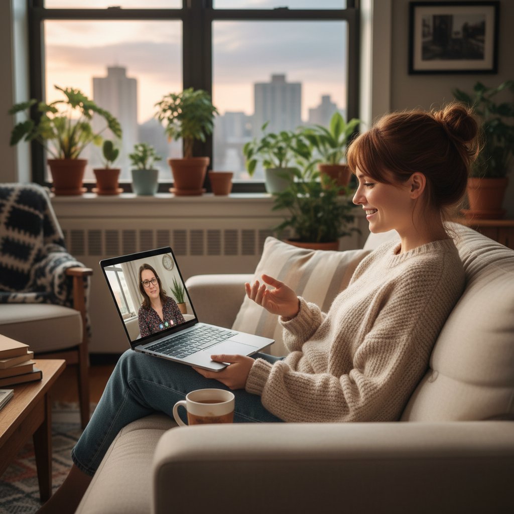 Kobieta rozmawiająca z psychologiem online przez laptopa, mieszkanie, relaksująca atmosfera