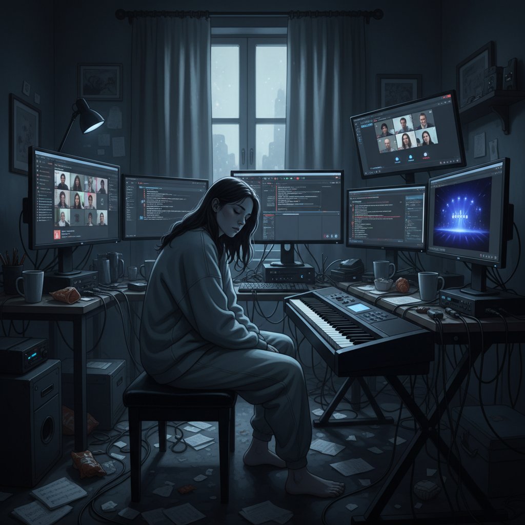 Kobieta zmęczona po kilku godzinach nauki na pianinie online, światło ekranów, ciemny pokój