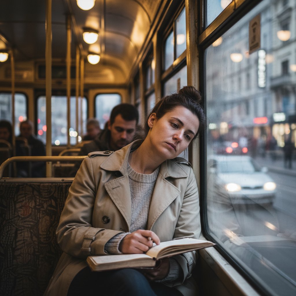 Kobieta w tramwaju, zamyślona, trzyma w ręku notes, typowy polski klimat, widoczne zmęczenie