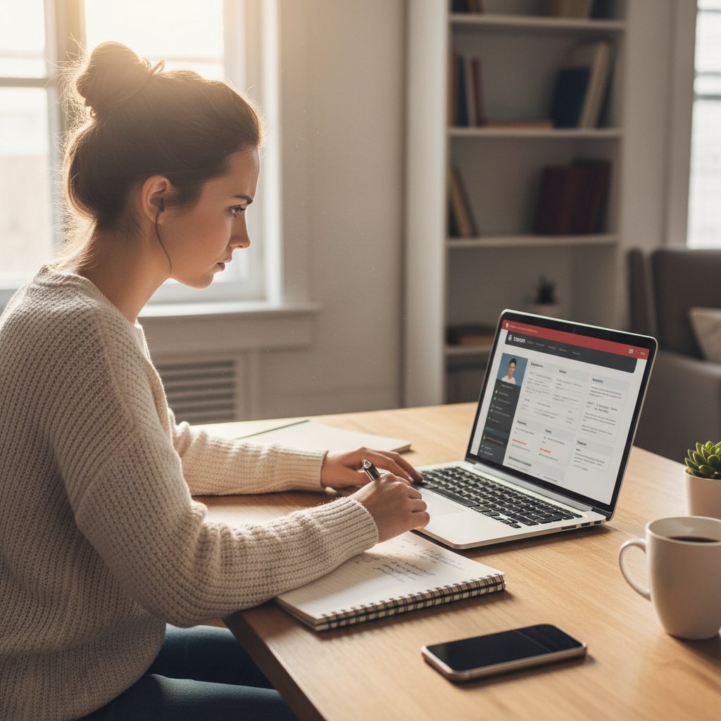 Kobieta aktualizuje profil zawodowy na laptopie, skupiona, notatki i telefon obok