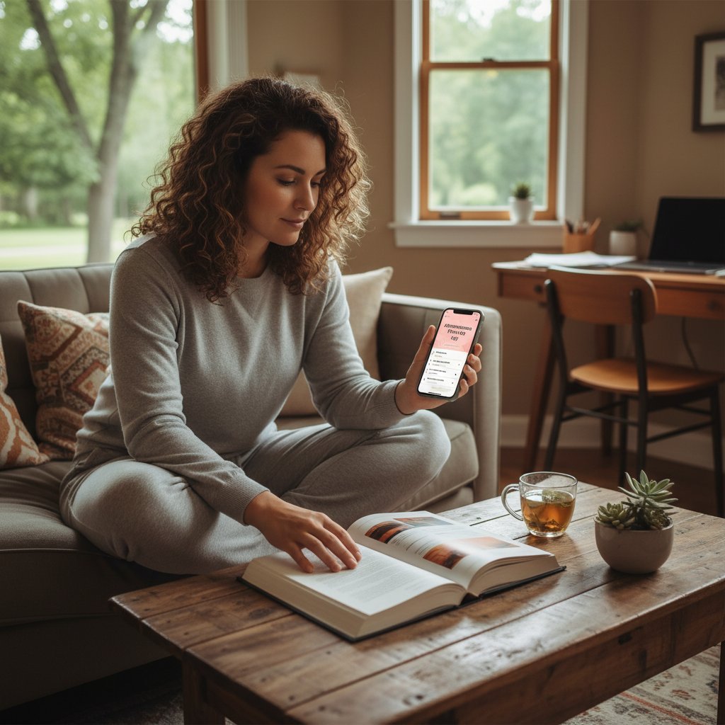 Kobieta w wieku 30 lat korzystająca z aplikacji afirmacji przy domowym biurku, z otwartą książką obok