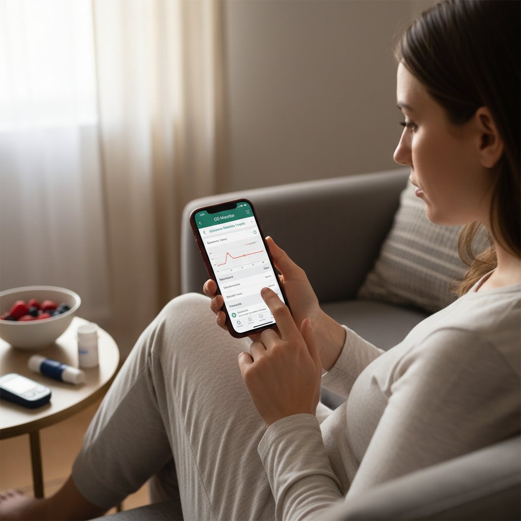 Kobieta używa aplikacji zdrowotnej na smartfonie, monitoring cukrzycy ciążowej, nowoczesna technologia