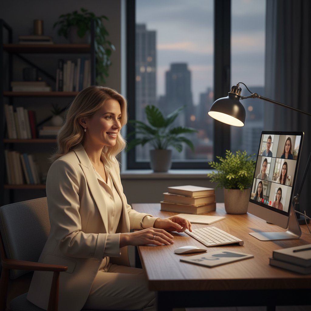 Kobieta prezentująca podczas wideokonferencji, kamera, ekran laptopa, domowe biuro, pewna siebie postawa