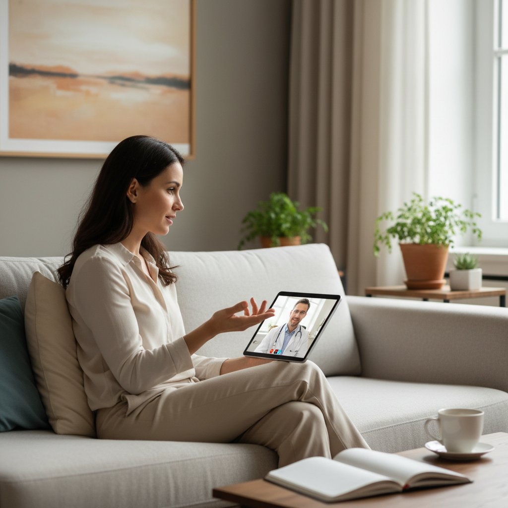 Kobieta rozmawiająca z lekarzem podczas wideokonsultacji, ekran laptopa, domowe wnętrze