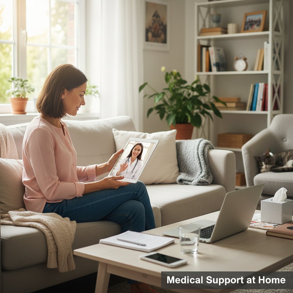 Zbliżenie na kobietę korzystającą z konsultacji online na smartfonie, wsparcie medyczne w domu