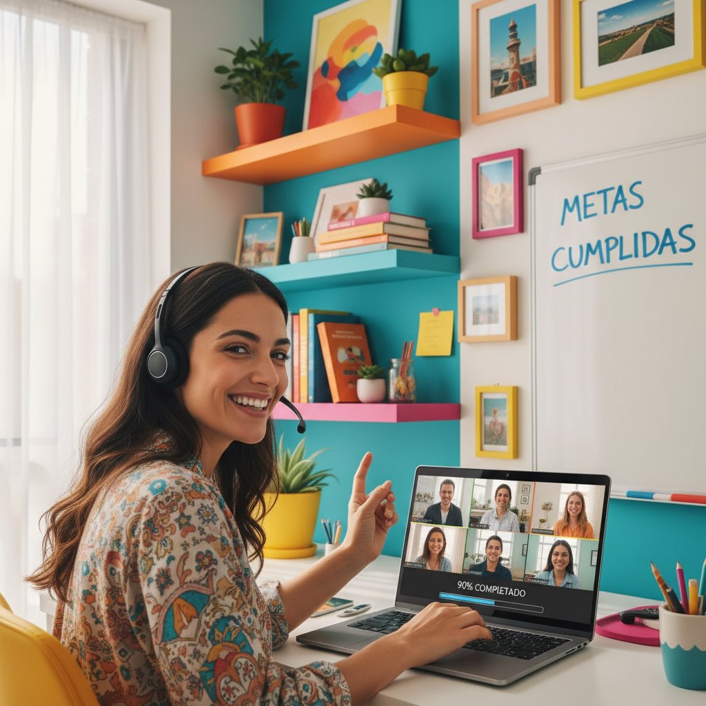 Kobieta na wideokonferencji, zadowolona z postępów w nauce hiszpańskiego online, kolorowa przestrzeń biurowa