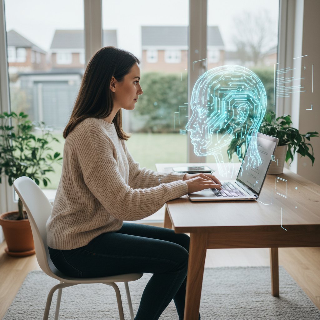 Młoda kobieta rozmawiająca z wirtualnym asystentem AI na laptopie, otoczenie domowe
