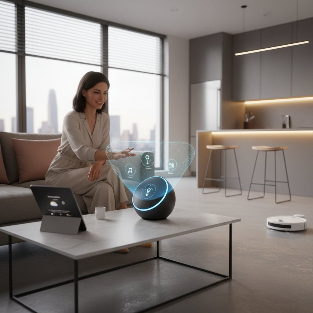 Kobieta korzystająca z asystenta głosowego w domu, smart urządzenia, technologia codzienności
