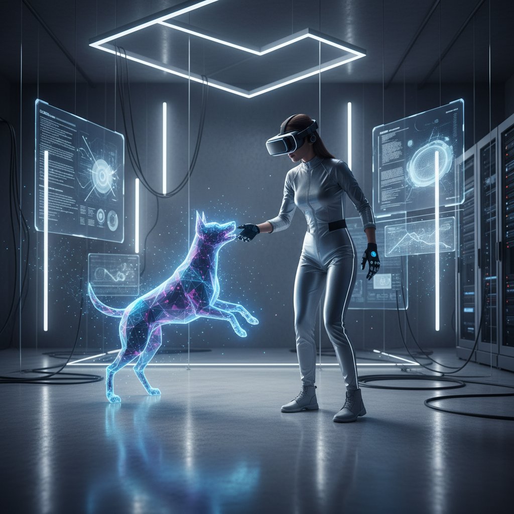 Dynamiczna scena: kobieta w VR z wirtualnym psem, nowoczesne studio, światła LED i ekrany – symbol zaawansowania technologii