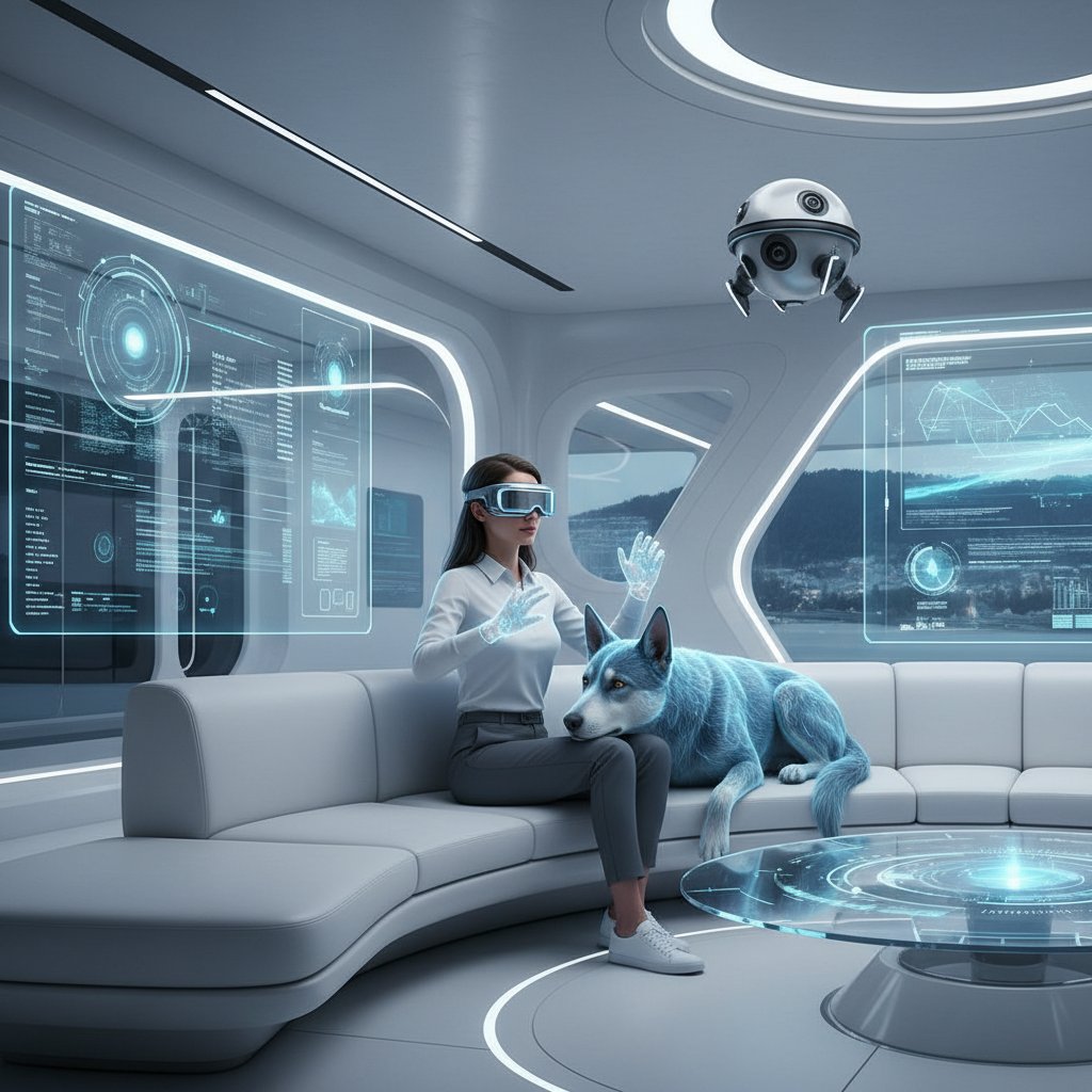 Frau mit VR-Brille und Hundebegleiter, futuristische Wohnzimmer, Technologie und Nähe