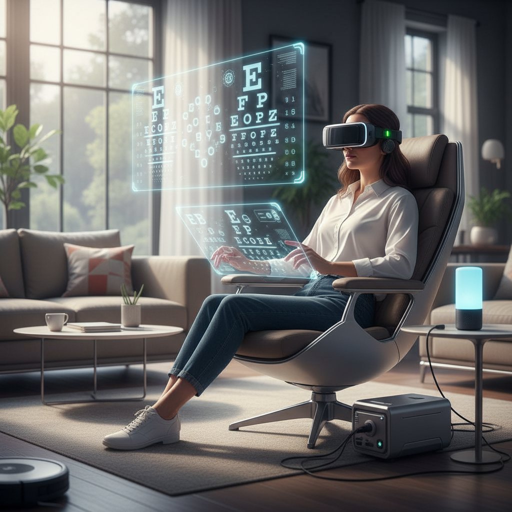 Nowoczesne okulary VR używane przez młodą kobietę do testu wzroku w domu