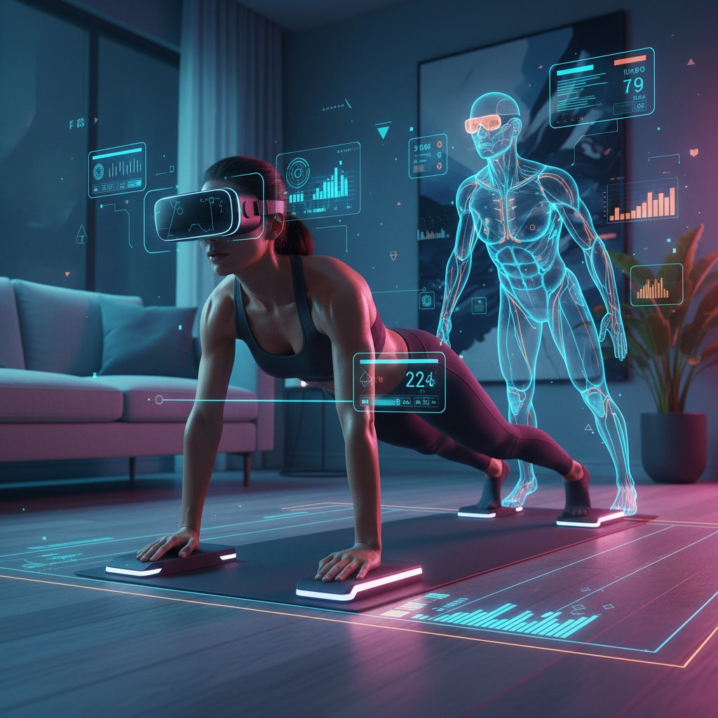 Kobieta ćwicząca z okularami VR, cyfrowe wskaźniki, dynamiczne światło, domowa przestrzeń