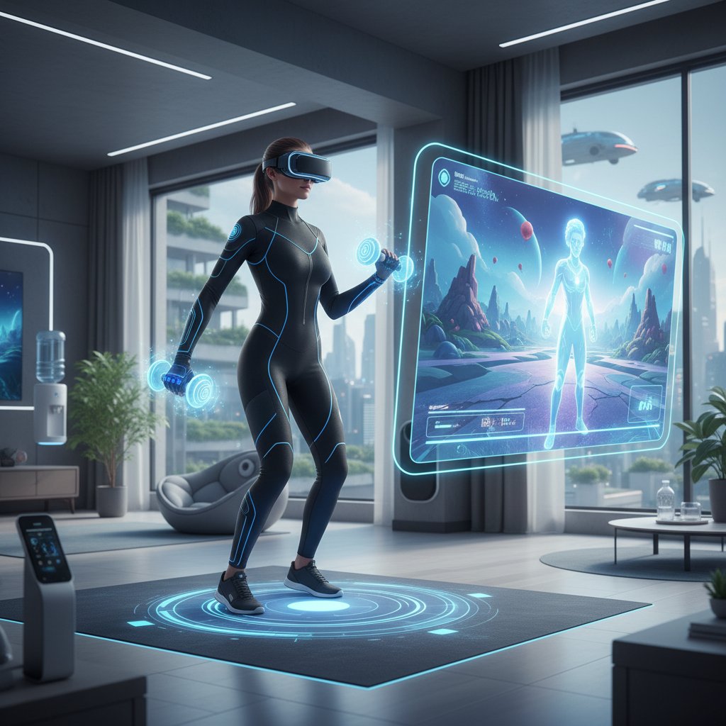 Kobieta ćwicząca z goglami VR w salonie, innowacyjne technologie fitness, przyszłość treningu domowego