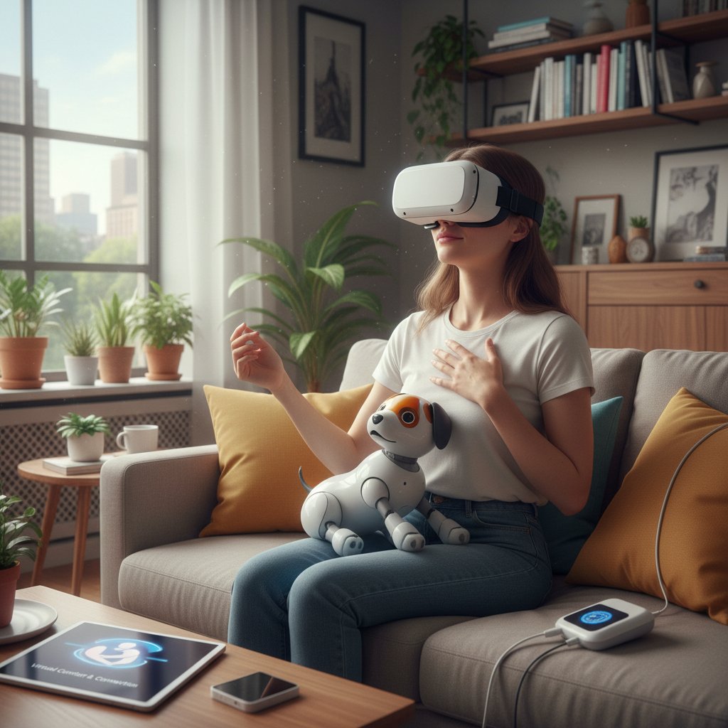 Kobieta korzystająca z gogli VR w domowym zaciszu, wsparcie emocjonalne poprzez nowoczesną technologię