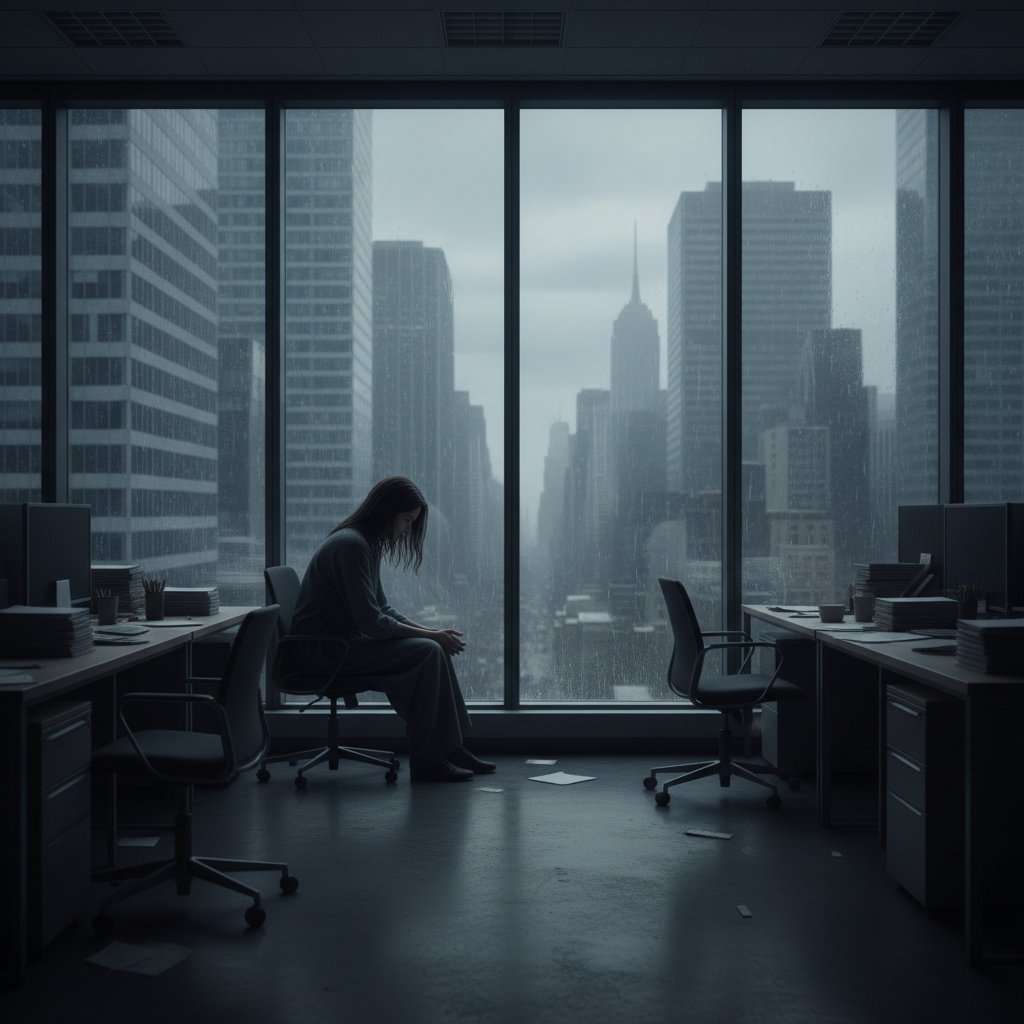 Kobieta patrząca przez okno wieżowca, odcięta od otoczenia, symbolizująca społeczną izolację depresji w polskich realiach
