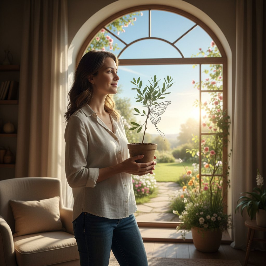 Kobieta patrząca przez okno po długiej terapii, symbol wyjścia z kryzysu, słowa kluczowe: sukces terapii psychoanalitycznej