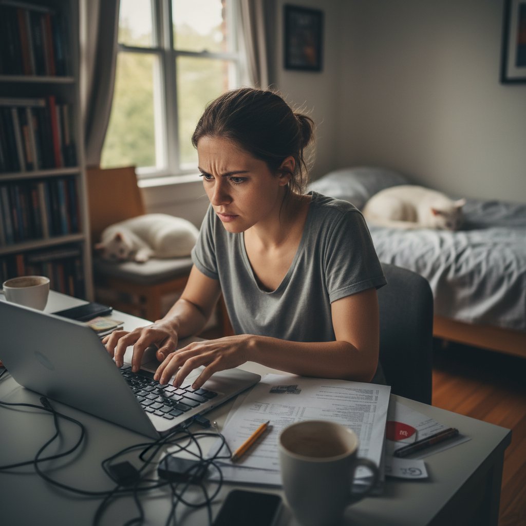 Kobieta pracująca przy komputerze w domu, skupienie, dłonie na klawiaturze, napięcie