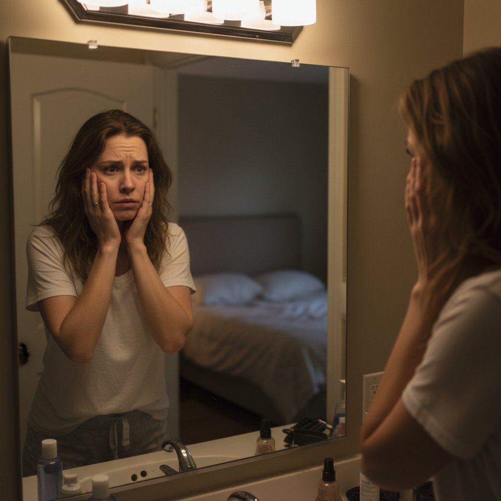 Kobieta patrząca z niepokojem w lustro, z wyraźnym napięciem, w domowym otoczeniu