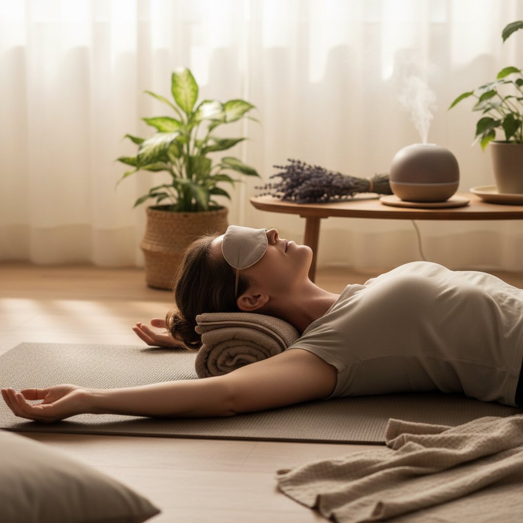 Kobieta siedzi na macie do jogi, wykonuje ćwiczenia relaksacyjne, otoczenie domowe – autoterapia