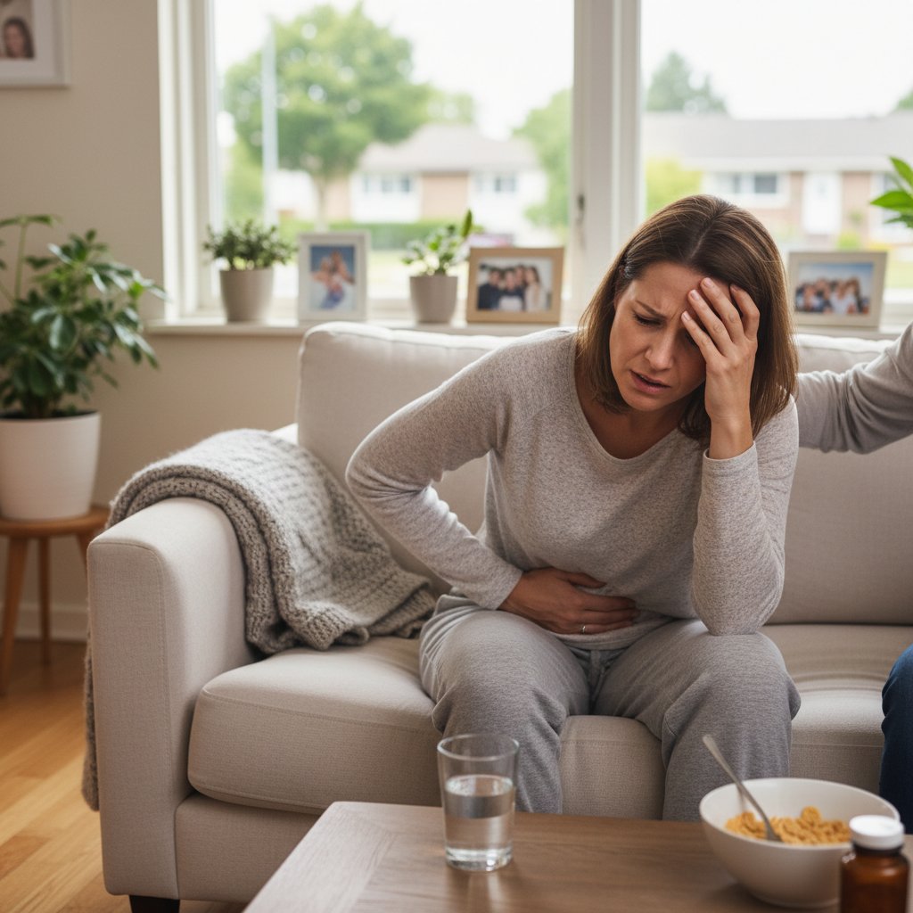 Zdjęcie kobiety zaniepokojonej bólem podbrzusza w domowej scenerii