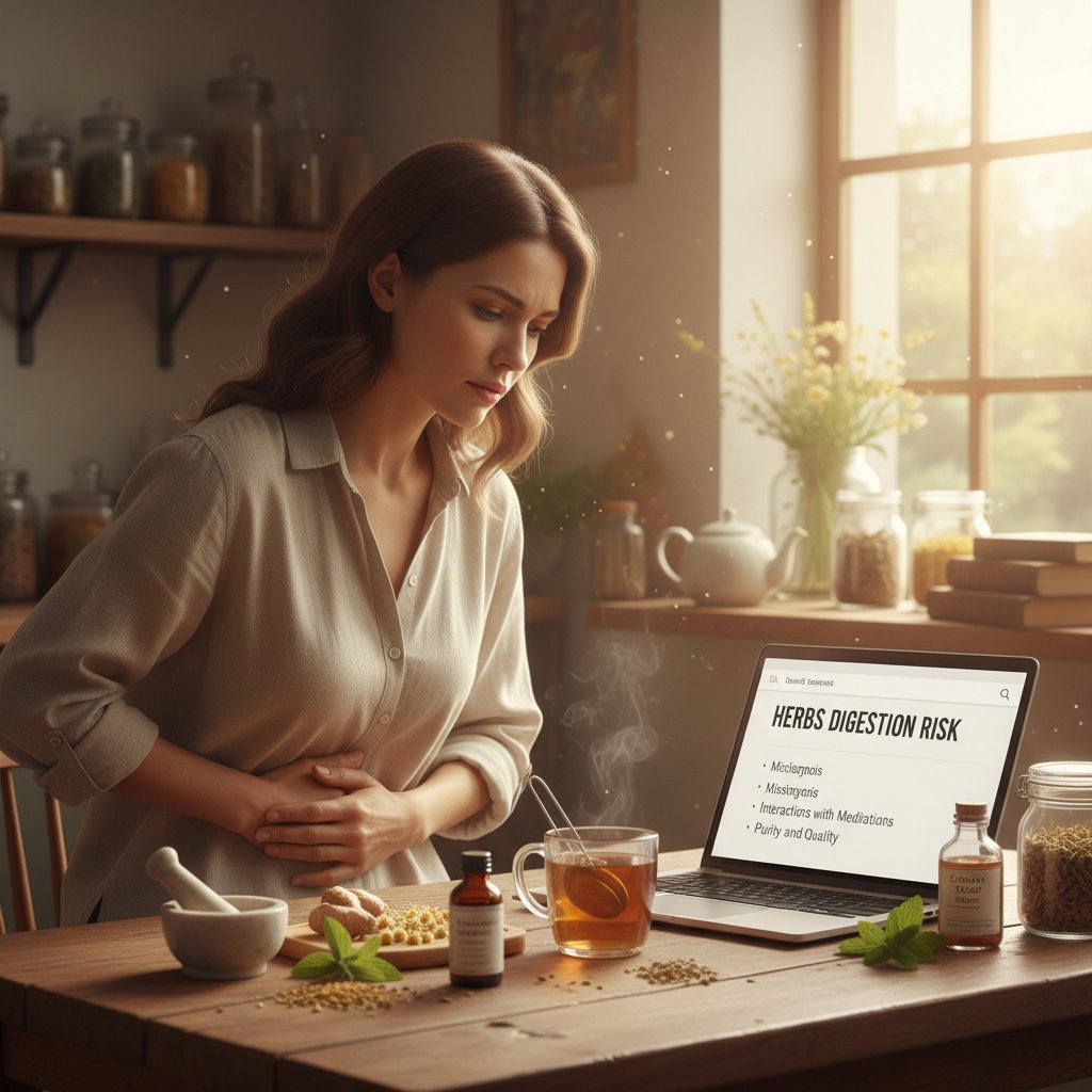 Kobieta odczuwa ból brzucha po niewłaściwie dobranej mieszance ziół na trawienie