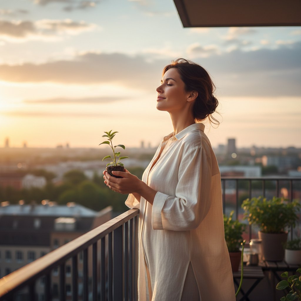Kobieta po sesji terapeutycznej, wyraz spokoju na twarzy, symbolika nowego początku