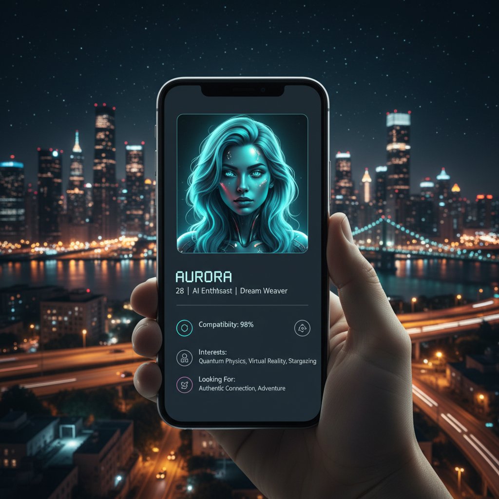 Woman holding a phone showing AI dating profile, city skyline at night