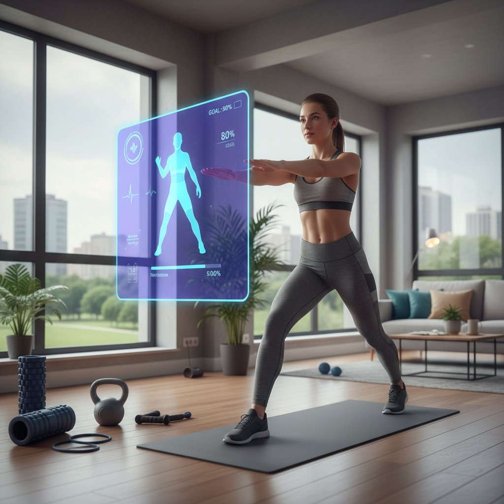 Kobieta korzystająca z aplikacji fitness AI podczas treningu w domu, nowoczesne wnętrze