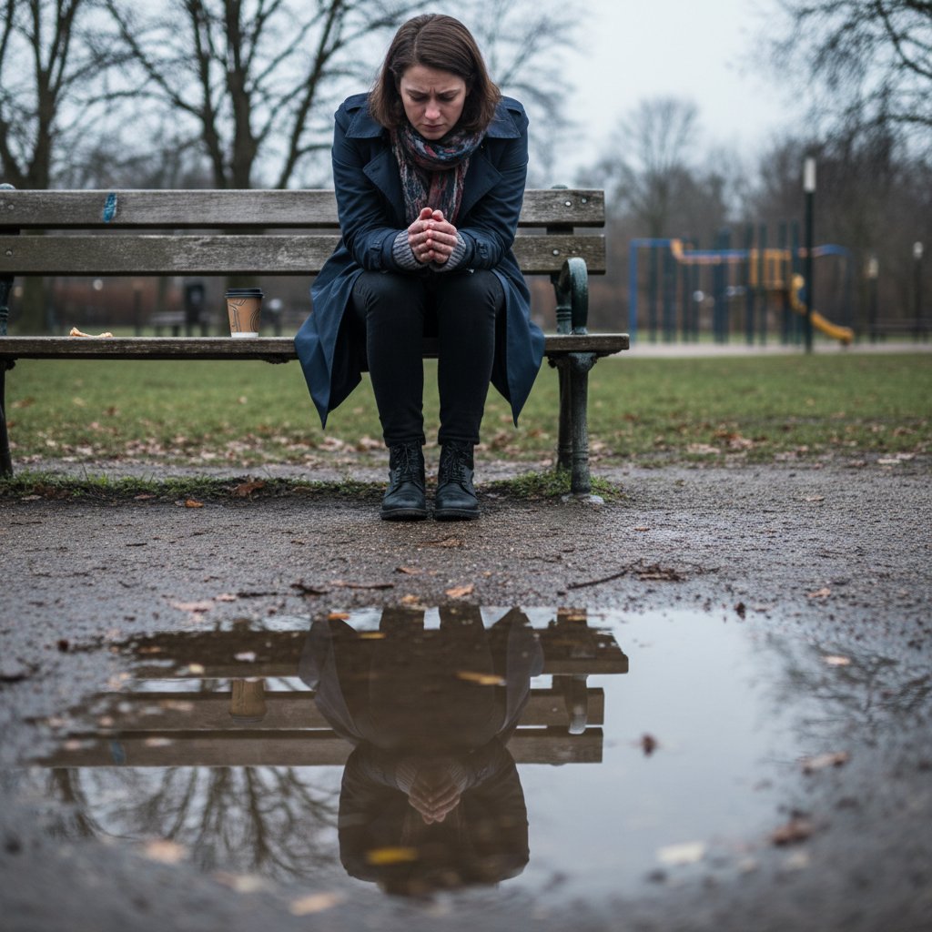 Kobieta siedząca samotnie na ławce w parku po kłótni, refleksja – słowo kluczowe umiejętności DBT