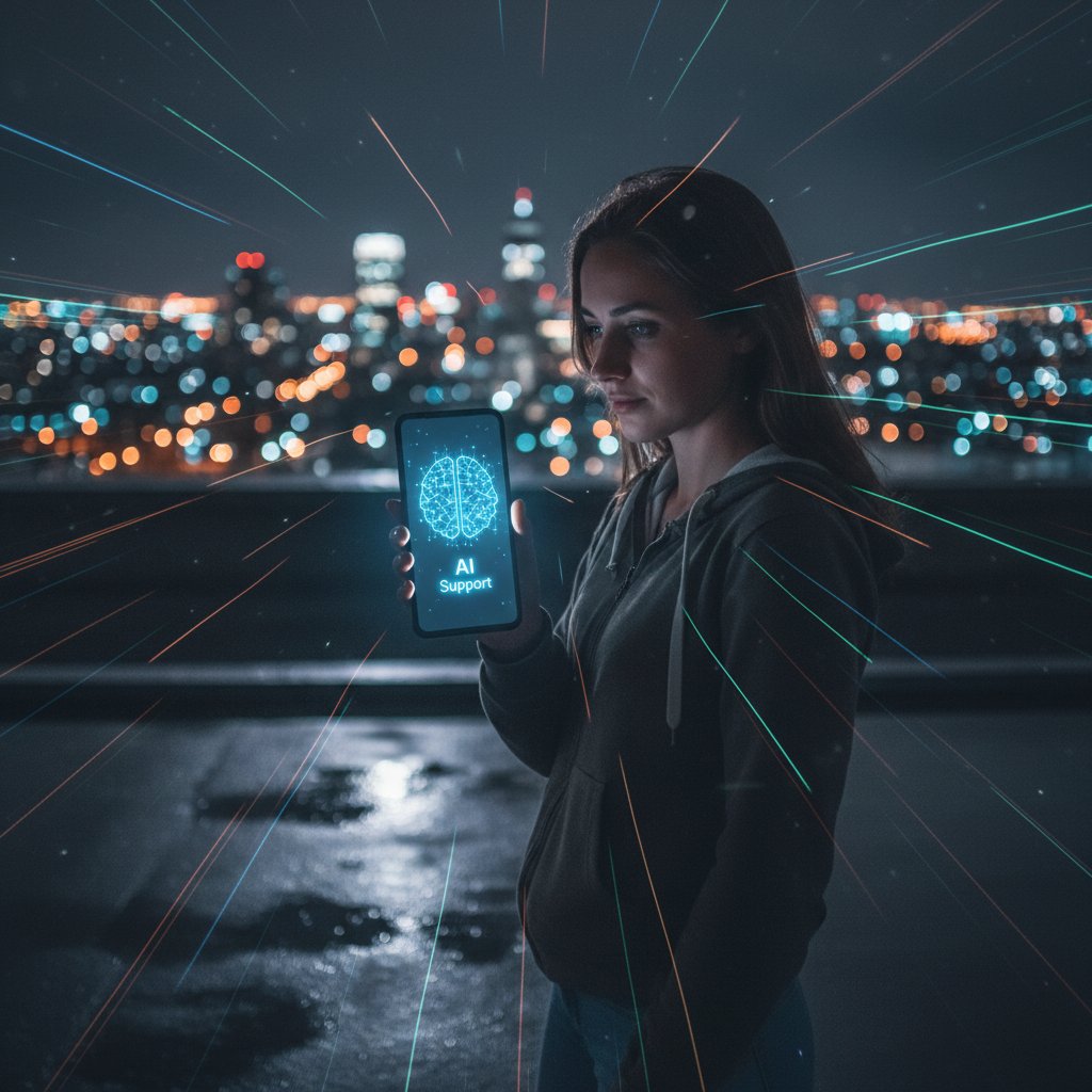 Kobieta siedząca samotnie z telefonem w ręku, nocne światło miasta za oknem – AI wsparcie w samotności