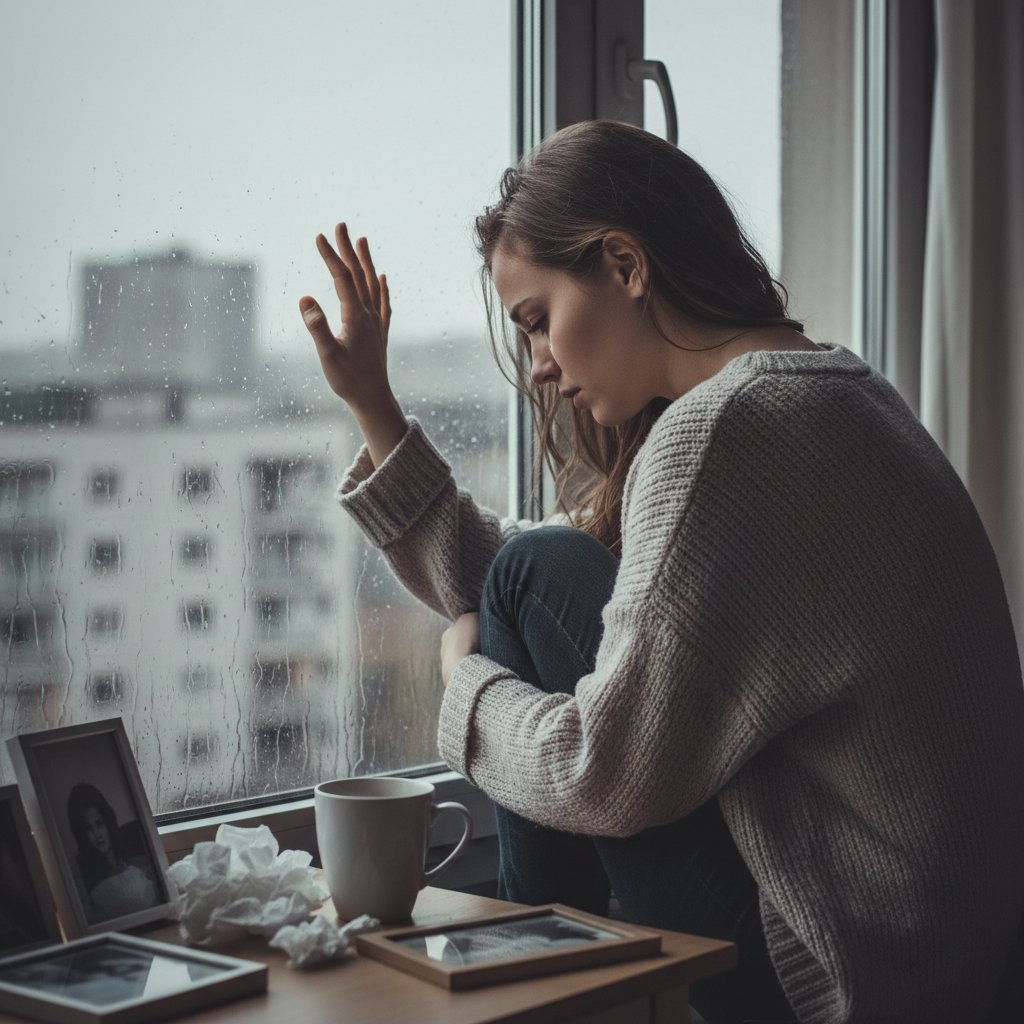 Samotna kobieta patrząca przez okno w pochmurny dzień, wyraz smutku i zadumy po rozstaniu